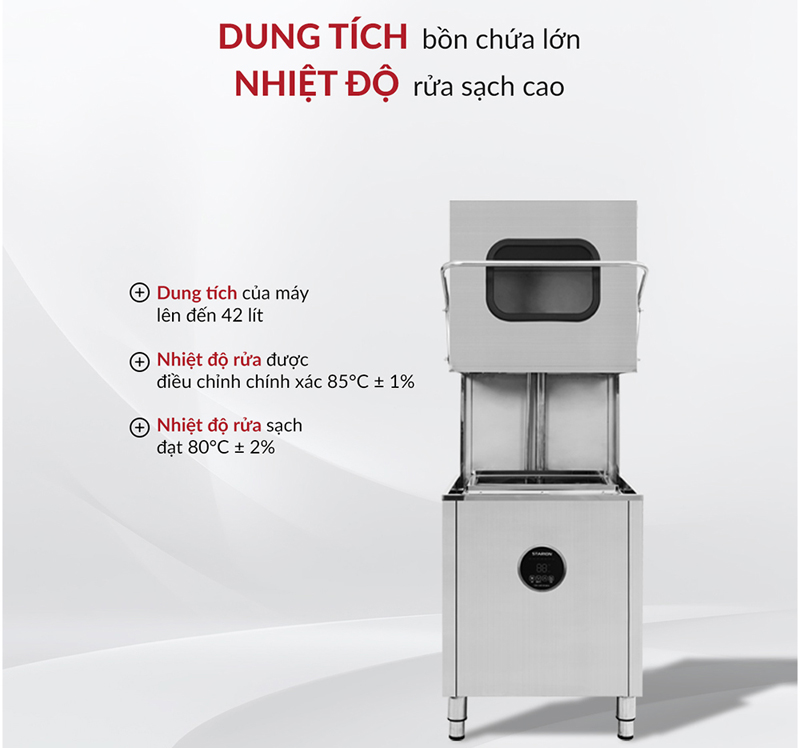 Máy có sức chứa lớn, dung tích rửa 42L, thích hợp cho nhà hàng, khách sạn,...