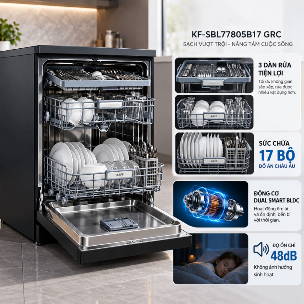 Máy rửa chén độc lập Kaff KF-SBL77805B17 GRC - Hàng chính hãng