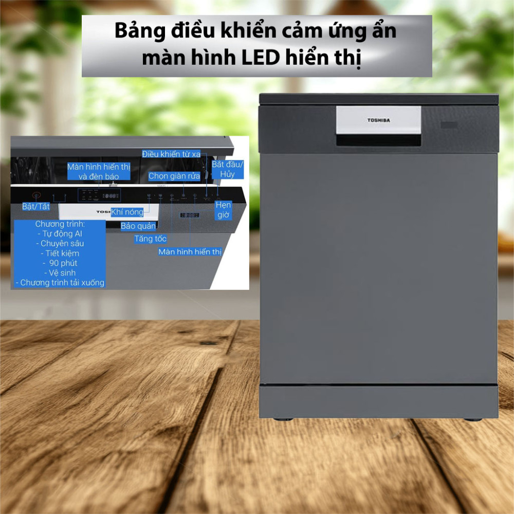 Máy rửa chén độc lập Toshiba DW-15F7(G)-VN thiết kế bảng điều khiển hiện đại