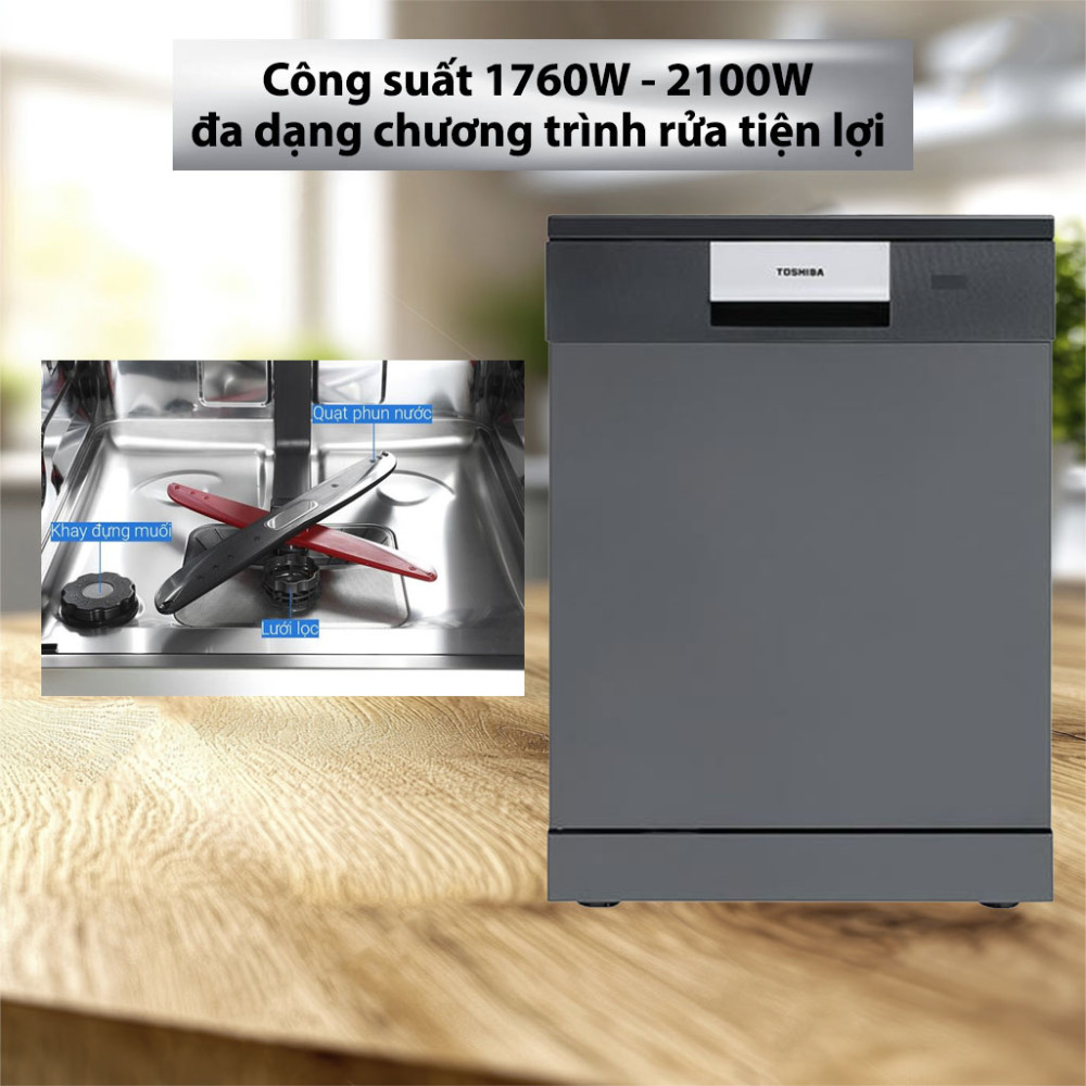 Máy rửa chén độc lập Toshiba DW-15F7(G)-VN hoạt động với công suất mạnh mẽ