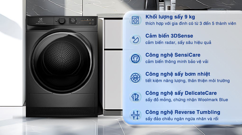 Tính năng nổi bật của máy sấy bơm nhiệt Electrolux 9 kg EDH903R7SC