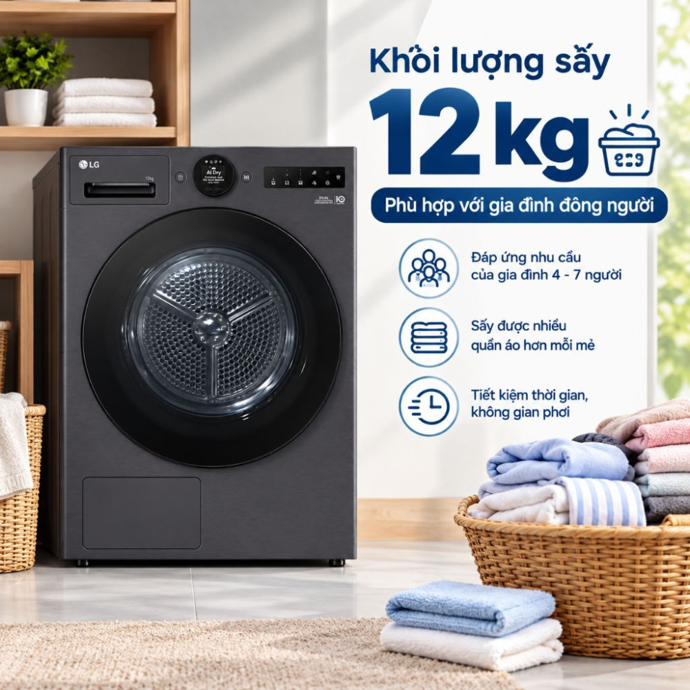Máy sấy bơm nhiệt LG 12 kg RX12VHP3K - Hàng chính hãng
