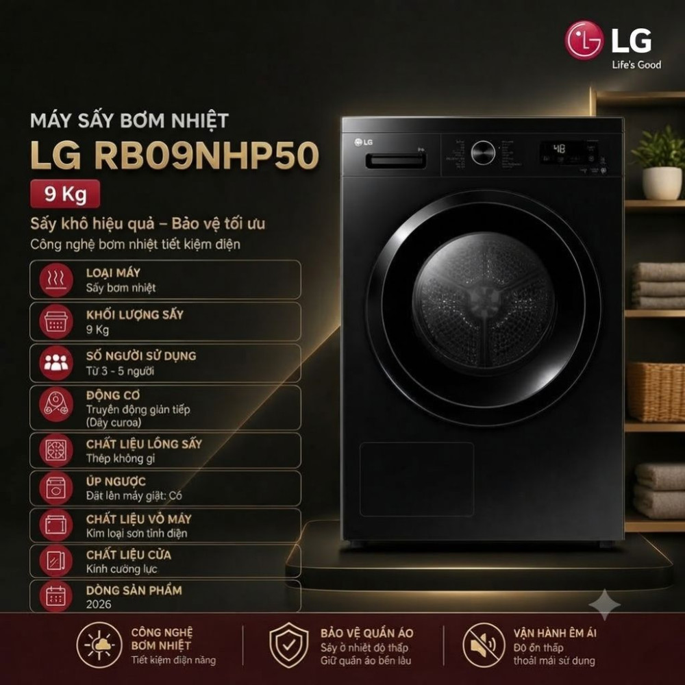 Máy sấy bơm nhiệt LG 9 Kg RB09NHP5O.ANBPEVN - Hàng chính hãng