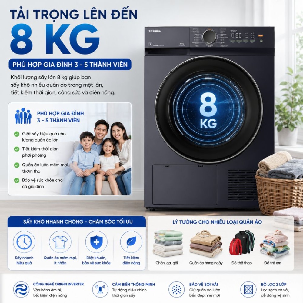 Máy sấy bơm nhiệt Toshiba 8 kg TD-T21B90HWV(MG)  - Hàng chính hãng