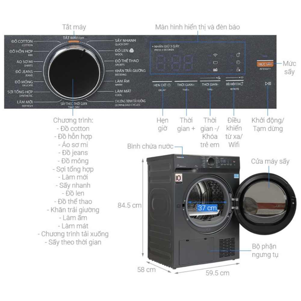 Máy sấy bơm nhiệt Toshiba 8 kg TD-T21B90HWV(MG)  - Hàng chính hãng