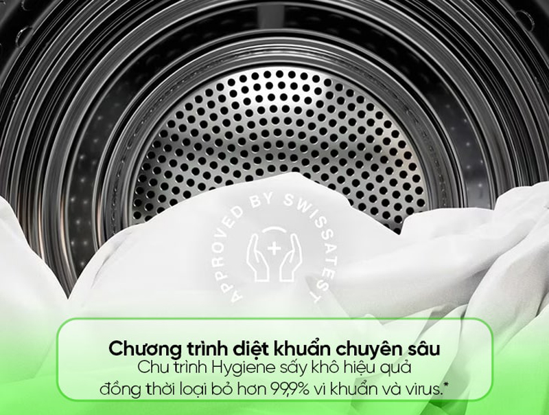 Chế độ sấy diệt khuẩn Hygiene giúp quần áo luôn sạch sẽ, bảo vệ làn da hiệu quả.