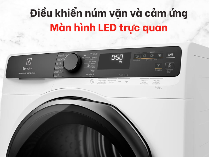  Bảng điều khiển cảm ứng và núm xoay chỉnh chức năng, có màn hình LED hiển thị thông số