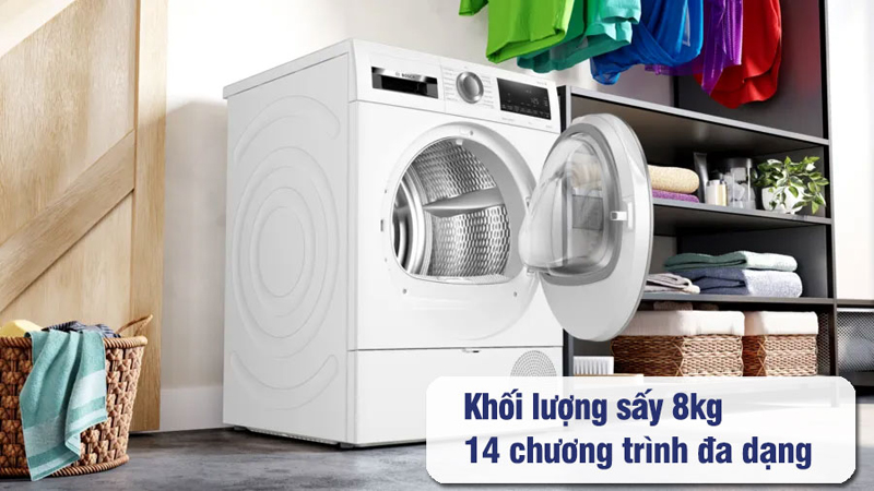 Khối lượng sấy phù hợp cho gia đình 4-6 người, có 14 chương trình sấy đa dạng