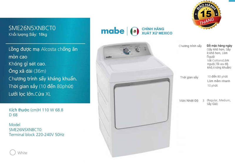 Thông số kỹ thuật của máy sấy quần áo Mabe SME26N5XNBCT0 
