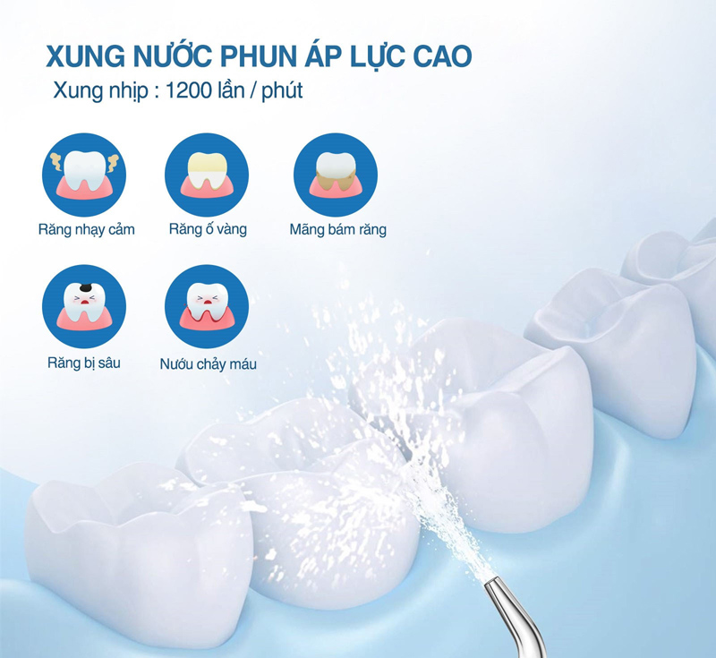 Áp lực nước mạnh mẽ, tần số áp lực nước 1200 lần/phút, làm sạch các kẽ răng