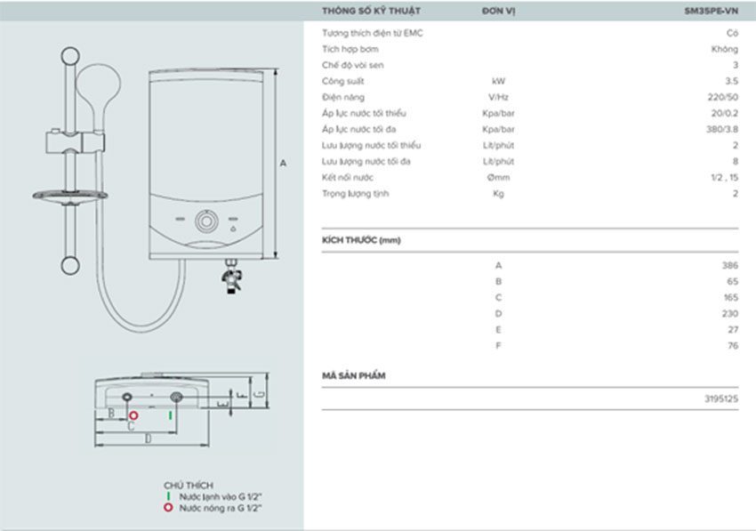 Thông số chi tiết của máy tắm nước nóng trực tiếp Ariston SM35PE-VN