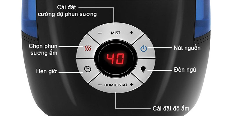 Bảng điều khiển của Máy tạo độ ẩm siêu âm khử khuẩn HoMedics UHE-WM68