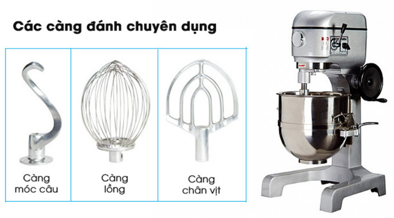 Máy được trang bị thêm càng móc câu, càng chân vịt và càng lồng để bạn thay thế cho phù hợp với từng loại nguyên liệu