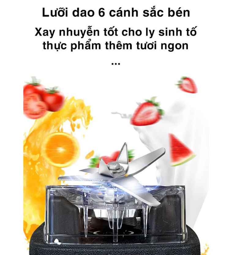 Lưỡi dao 6 cánh bằng thép không gỉ sắc bén giúp xay nhuyễn mọi nguyên liệu