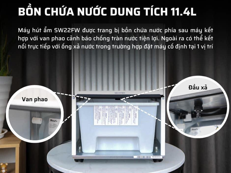 Bình chứa nước 11.4L thoải mái để sử dụng qua đêm mà không lo bình nước bị đầy