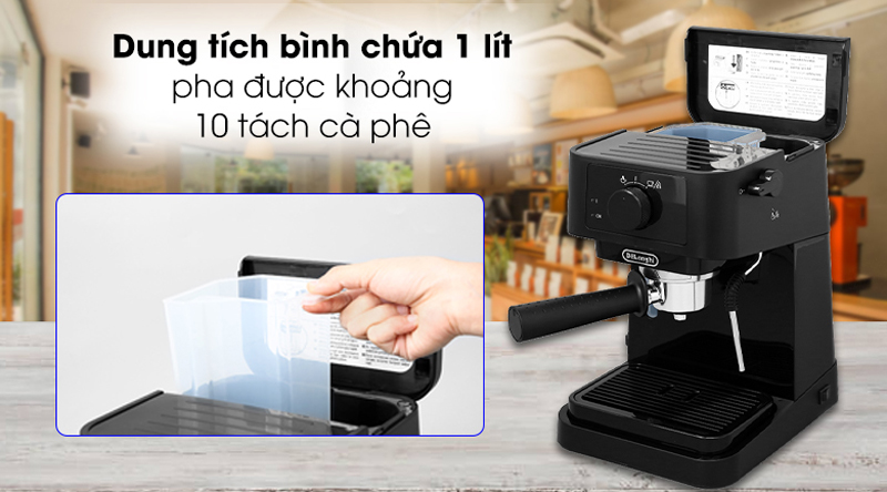 Dung tích bình chứa 1lít nên có thể pha được cùng lúc 10 ly cà phê.