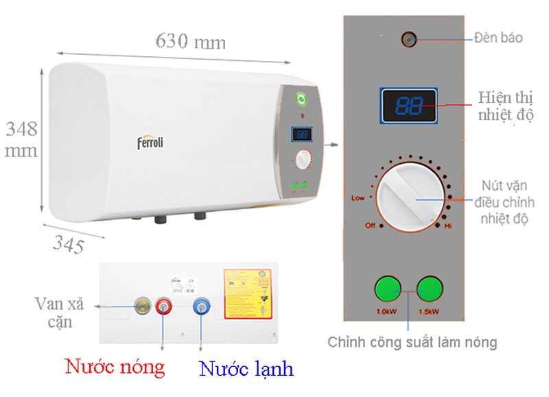 Kích thước của máy nước nóng gián tiếp Ferroli Verdi 30 AG+ 