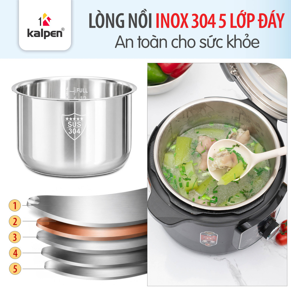 Nồi áp suất điện lòng nồi inox 304 Kalpen P8 6L - Hàng chính hãng