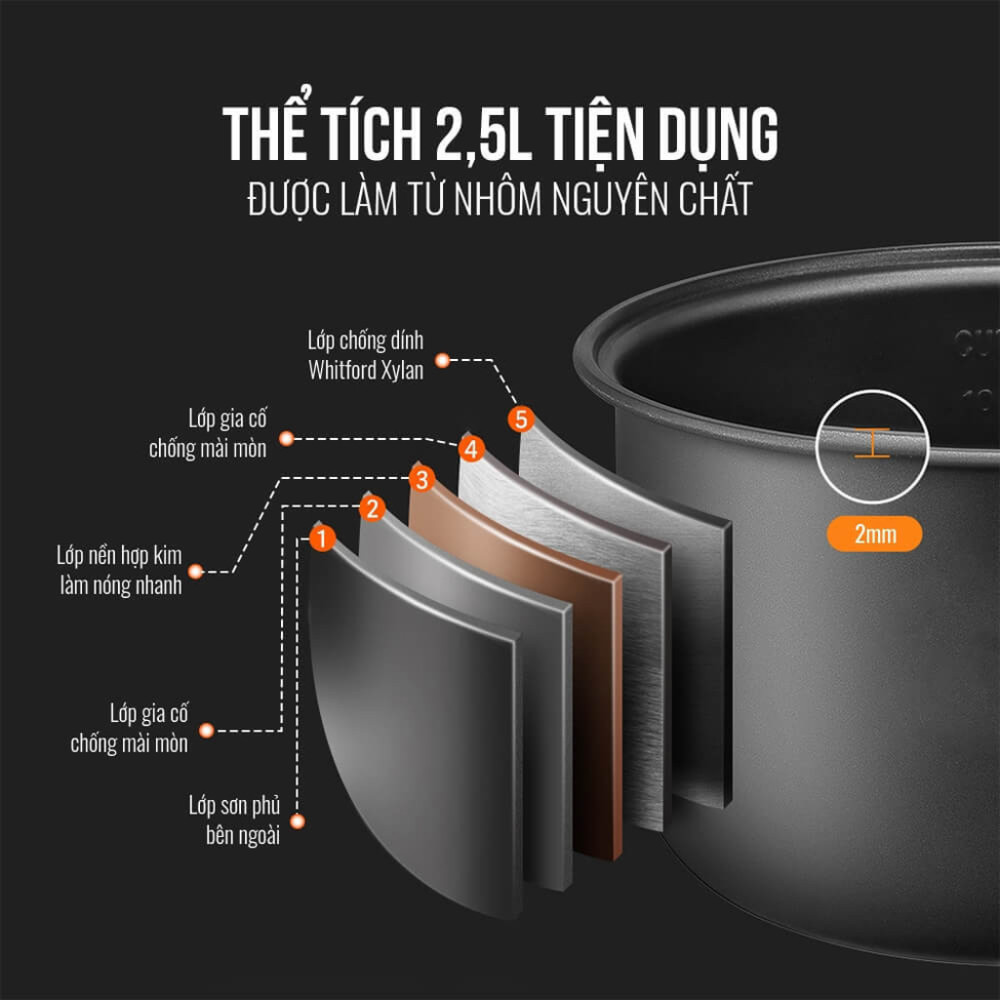 Nồi có dung tích 2.5 lít, phù hợp cho gia đình từ 2-4 người