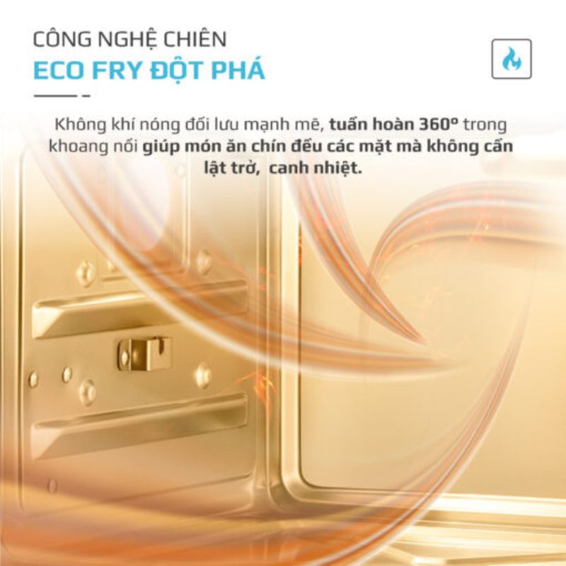 Công nghệ chiên ECO FRY mang hơi nóng tỏa đều, giúp thức ăn nhanh chín