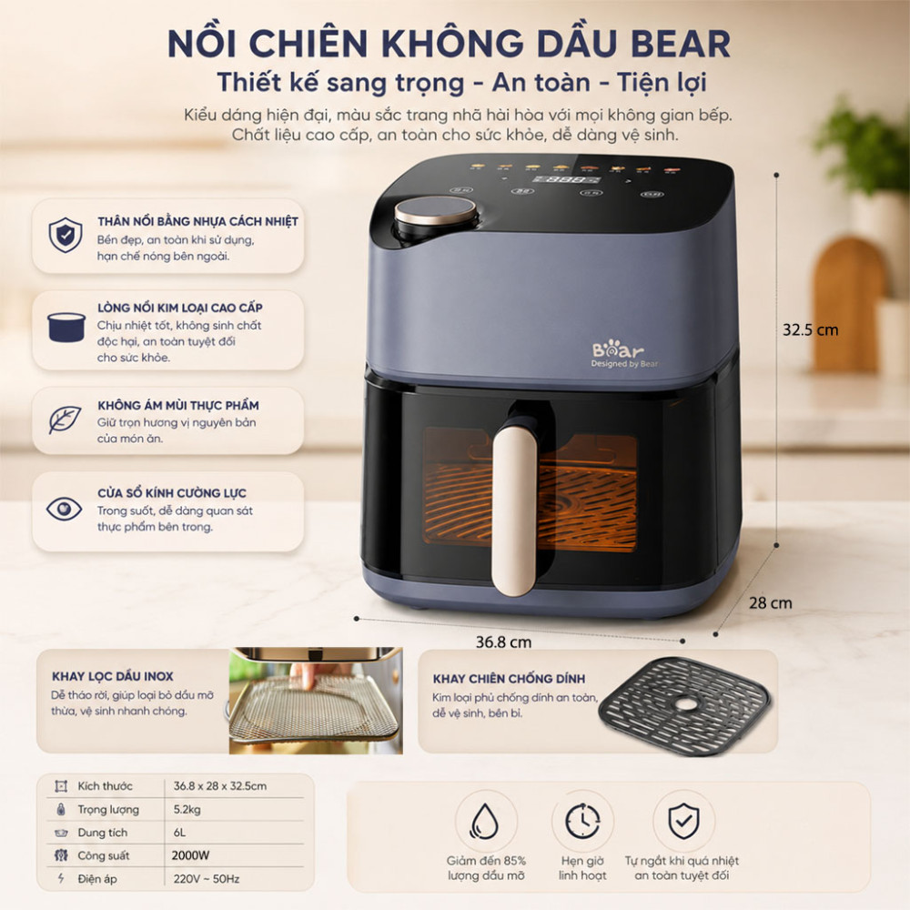 Nồi chiên không dầu 6L Bear AF-5H19I45 - Hàng chính hãng