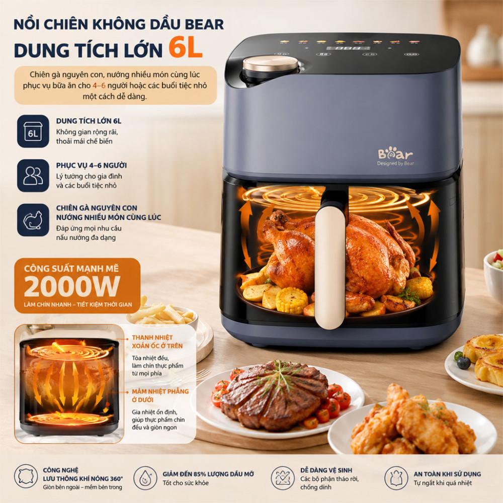Nồi chiên không dầu 6L Bear AF-5H19I45 - Hàng chính hãng