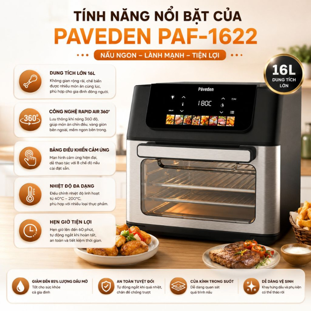 Nồi chiên không dầu Paveden 16 lít PAF-1622 - Hàng chính hãng