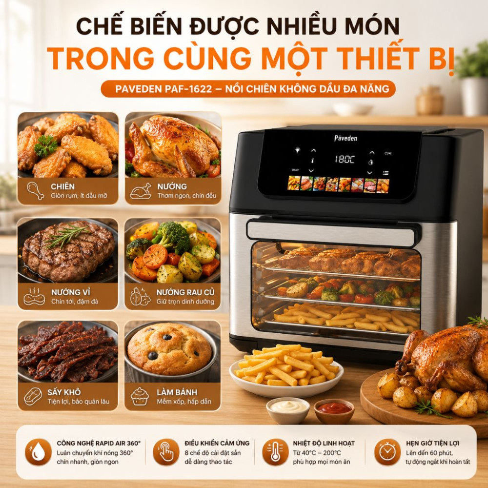 Nồi chiên không dầu Paveden 16 lít PAF-1622 - Hàng chính hãng