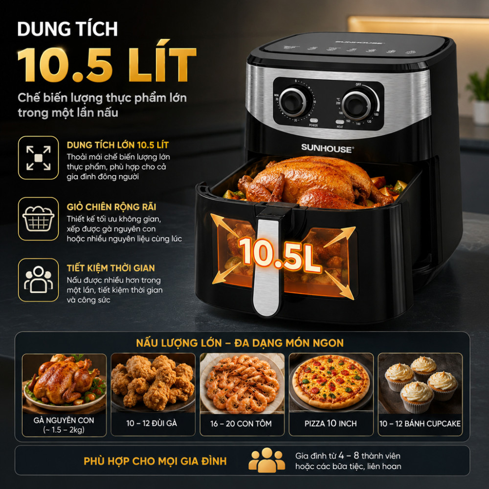 Nồi chiên không dầu 10.5 lít Sunhouse SHD4038 - Hàng chính hãng