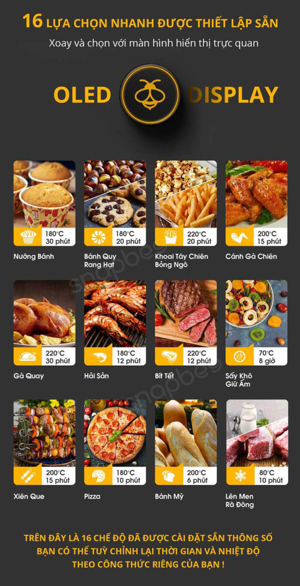 Tích hợp sẵn 16 menu, có hiển thị rõ thời gian và nhiệt độ từng món ăn