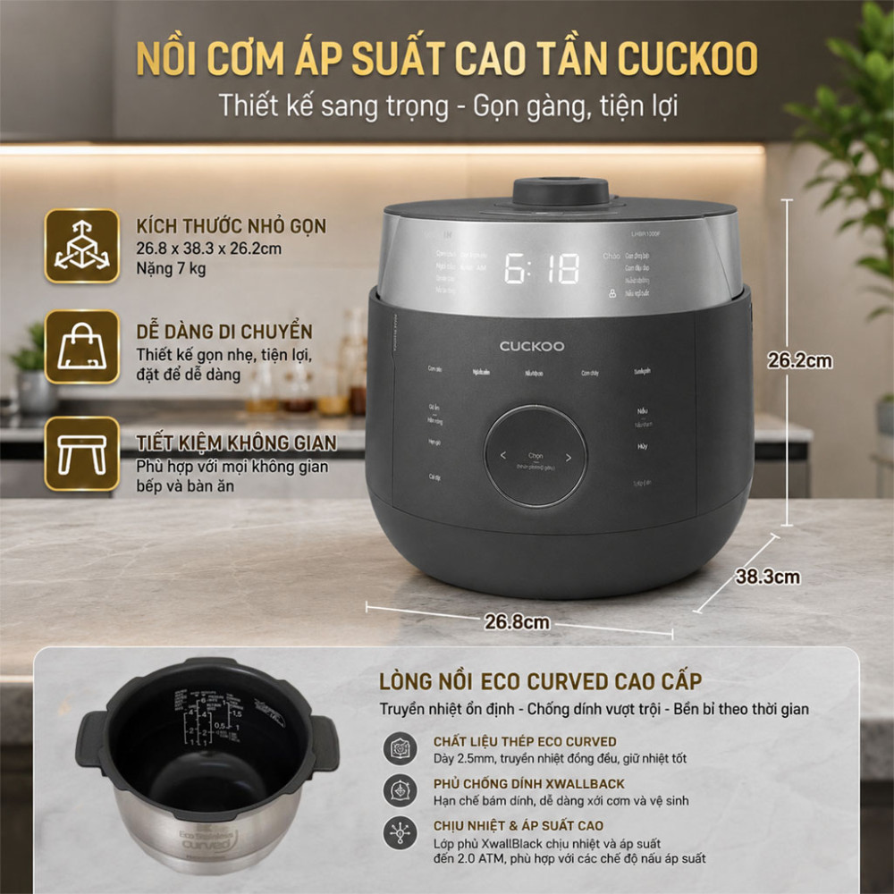 Nồi cơm áp suất cao tần Cuckoo 1.08 lít CRP-LHBR0600F  - Hàng chính hãng
