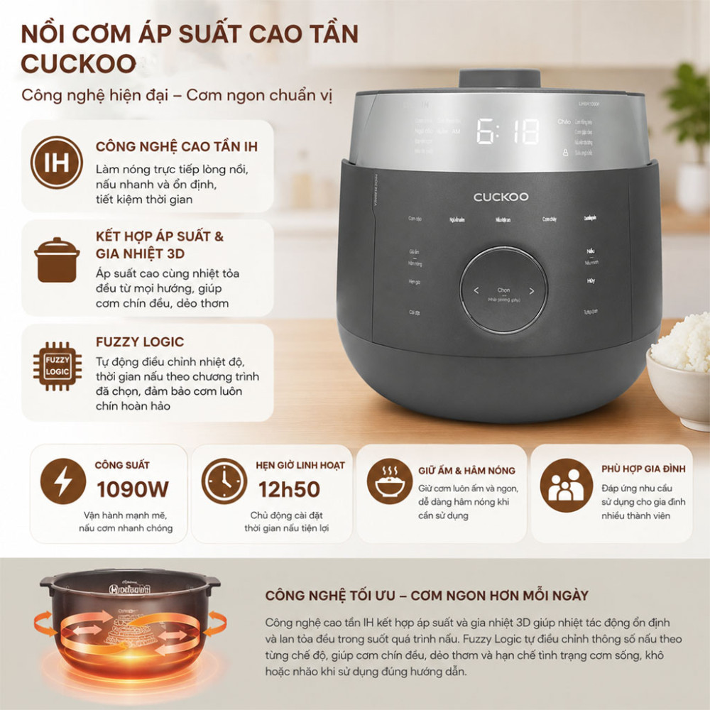 Nồi cơm áp suất cao tần Cuckoo 1.08 lít CRP-LHBR0600F  - Hàng chính hãng
