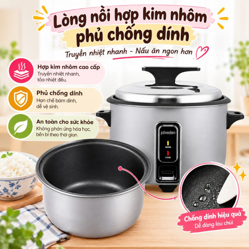 Nồi cơm nắp rời Paveden 10 lít PRC-1030GR - Hàng chính hãng