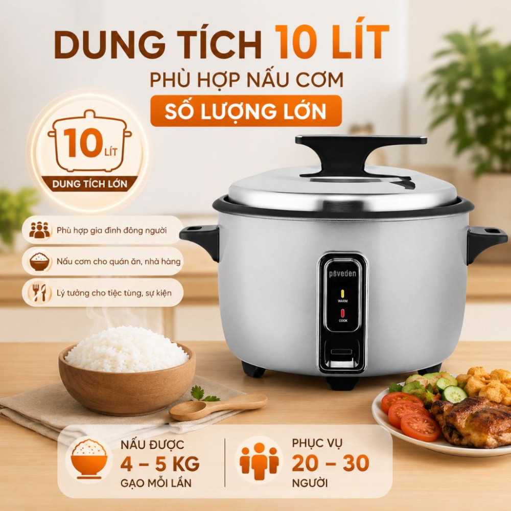 Nồi cơm nắp rời Paveden 10 lít PRC-1030GR - Hàng chính hãng