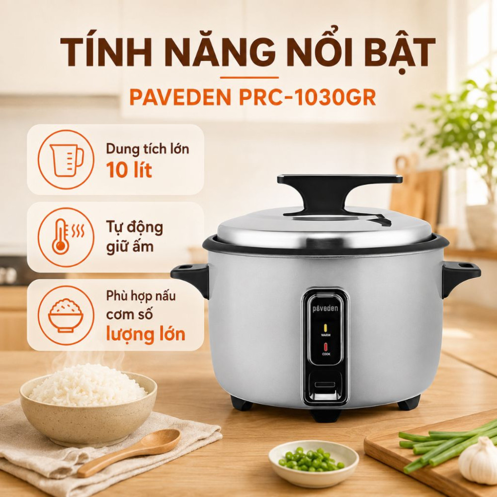 Nồi cơm nắp rời Paveden 10 lít PRC-1030GR - Hàng chính hãng