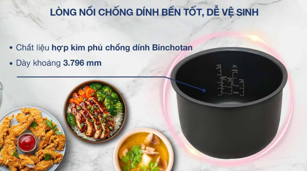 Lòng nồi phủ lớp chống dính cao cấp, hạn chế cơm bám dính, dễ vệ sinh.