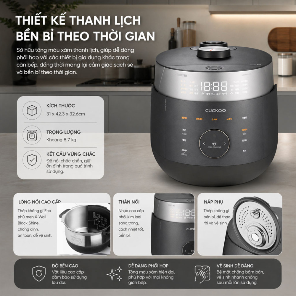 Nồi cơm điện cao tần áp suất kép Cuckoo CRP-LHTR1010FD 1.8L - Hàng chính hãng