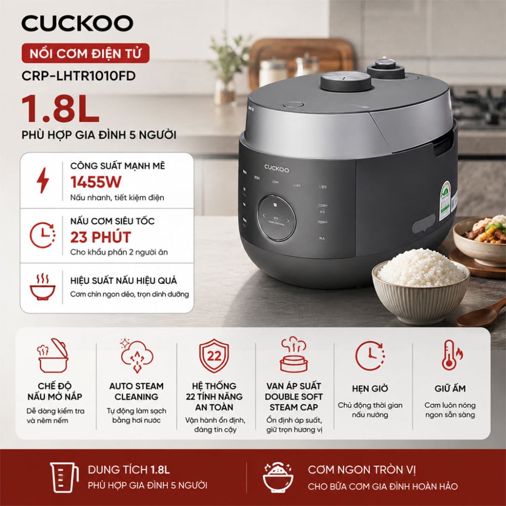 Nồi cơm điện cao tần áp suất kép Cuckoo CRP-LHTR1010FD 1.8L - Hàng chính hãng