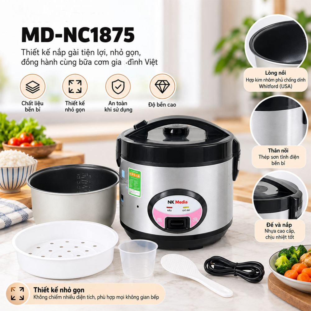 Nồi cơm điện nắp gài NK Media MD-NC1875 - Hàng chính hãng