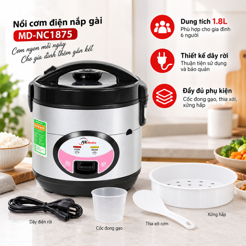 Nồi cơm điện nắp gài NK Media MD-NC1875 - Hàng chính hãng