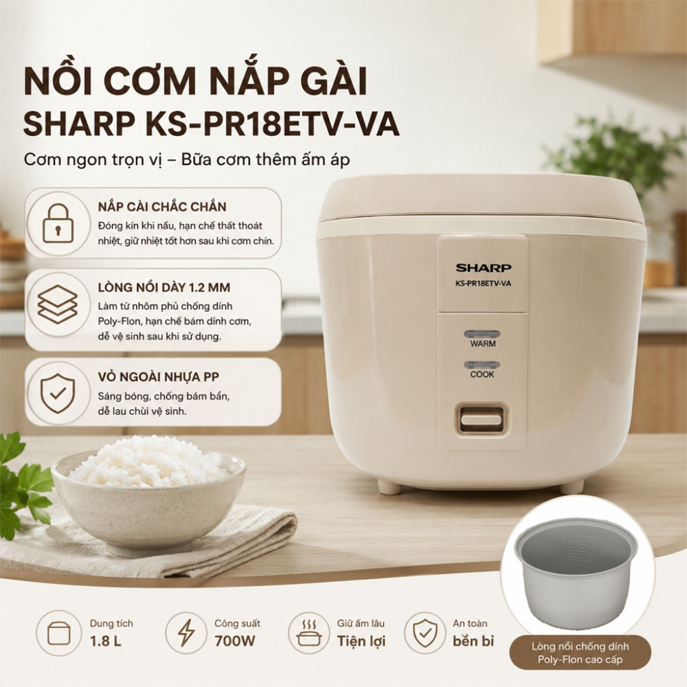 Nồi cơm nắp gài Sharp KS-PR18ETV-VA 1.8L - Hàng chính hãng