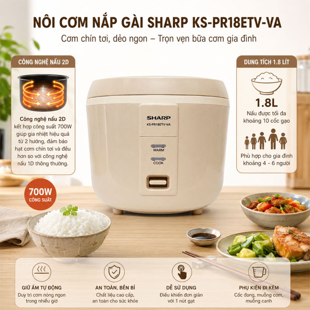 Nồi cơm nắp gài Sharp KS-PR18ETV-VA 1.8L - Hàng chính hãng