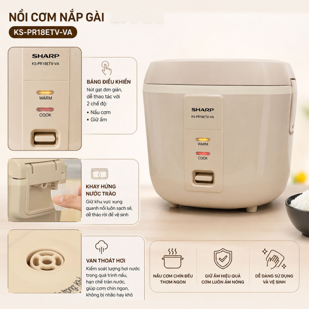 Nồi cơm nắp gài Sharp KS-PR18ETV-VA 1.8L - Hàng chính hãng
