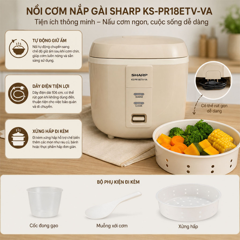 Nồi cơm nắp gài Sharp KS-PR18ETV-VA 1.8L - Hàng chính hãng