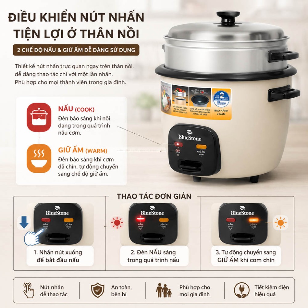 Nồi cơm điện nắp rời BlueStone CRB-5429 - 2.8 lít - Hàng chính hãng