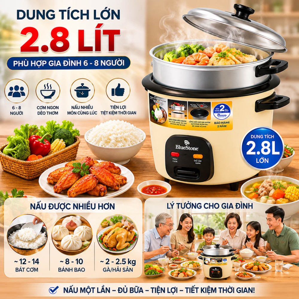 Nồi cơm điện nắp rời BlueStone CRB-5429 - 2.8 lít - Hàng chính hãng