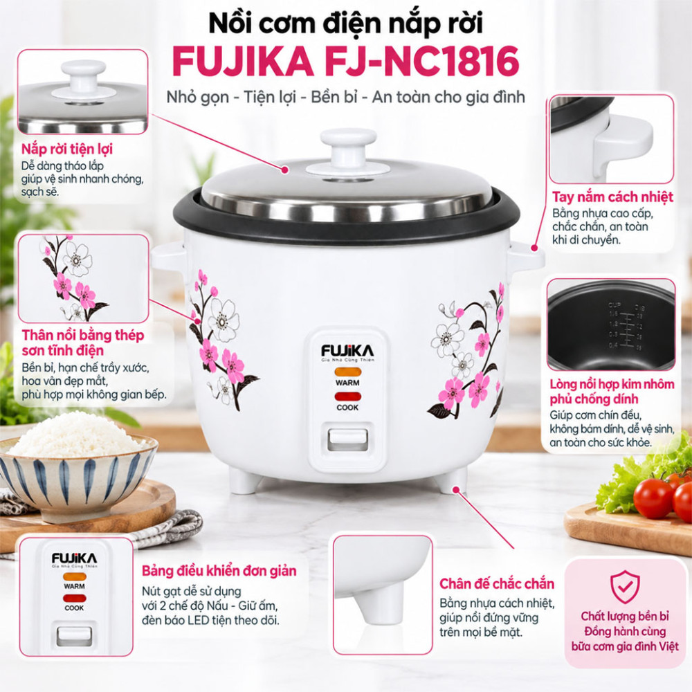 Nồi cơm điện nắp rời Fujika FJ-NC1816 - Hàng chính hãng