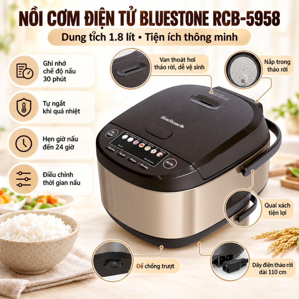 Nồi cơm điện tử Bluestone 1.8 lít RCB-5958 - Hàng chính hãng