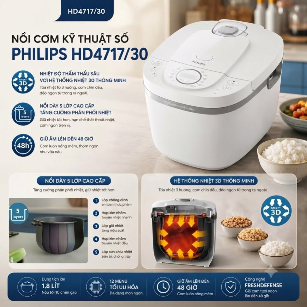 Nồi cơm điện tử Philips 1.8 lít HD4717/30 - Hàng chính hãng