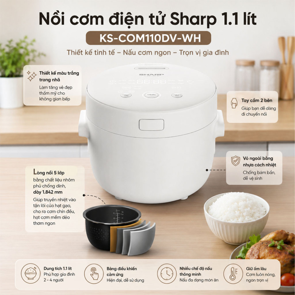 Nồi cơm điện tử Sharp 1.1 lít KS-COM110DV-WH - Hàng chính hãng